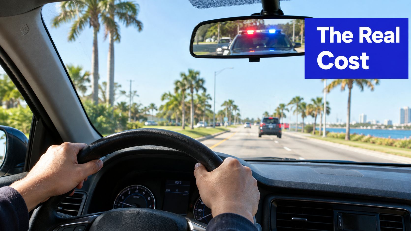 A driver holding a steering wheel while a police cruiser follows closely behind with flashing lights.