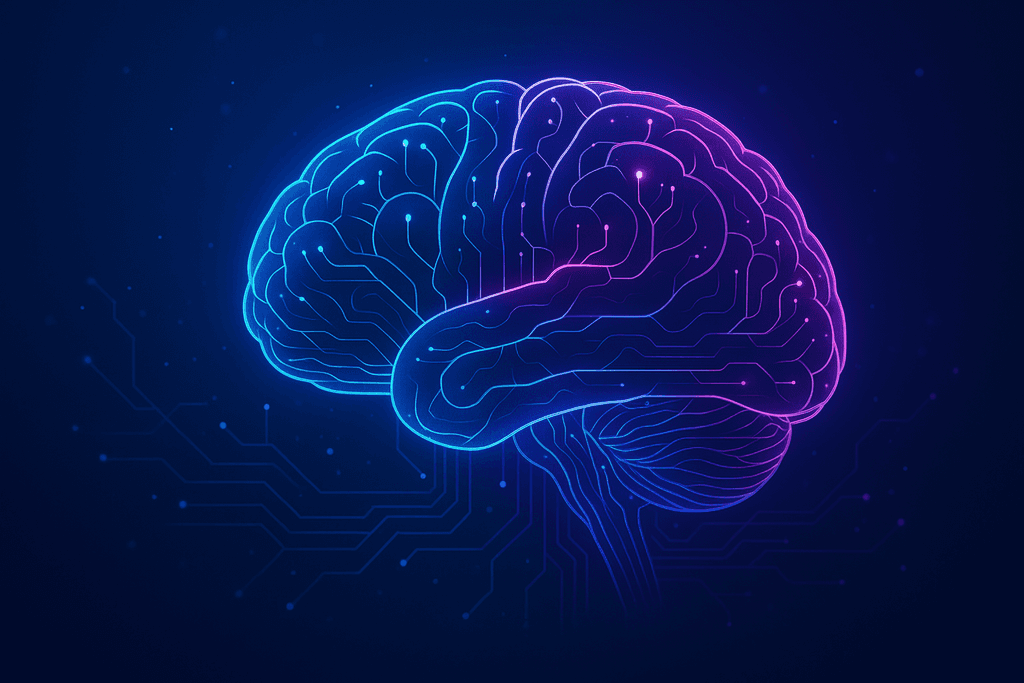 An illustration of a brain with blue and purple hue