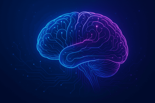 An illustration of a brain with blue and purple hue