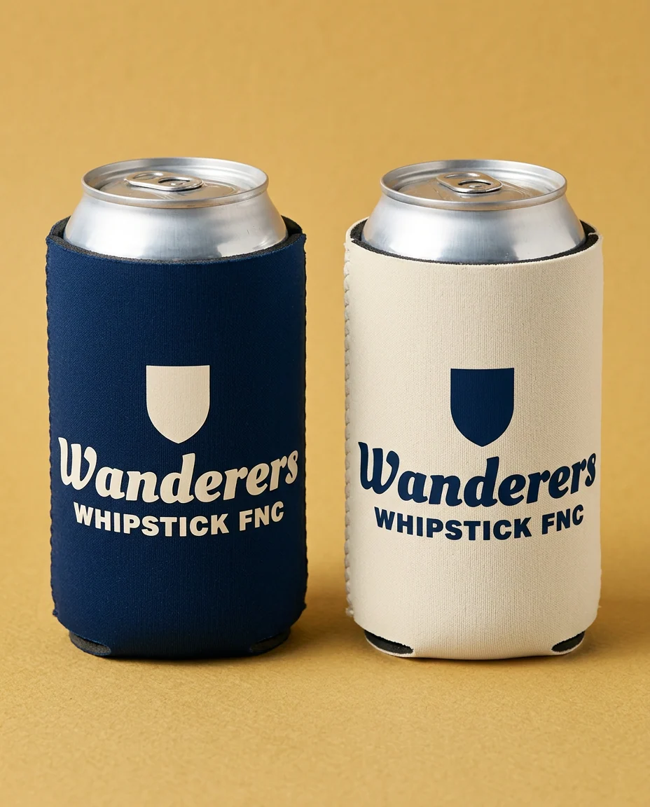 Stubby Holders for Whipstick Wanderers FNC: Eye level view of two neoprene stubby holders standing upright side by side on a flat gold paper ground, filling the frame, each holding a silver 375