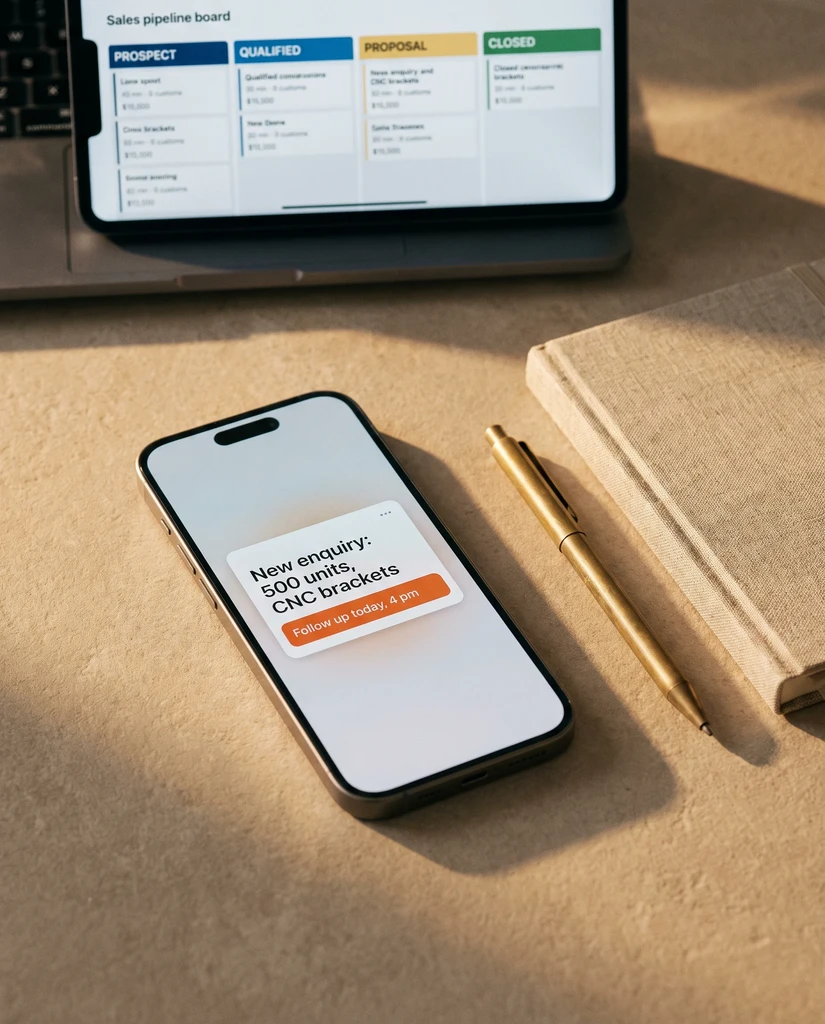 A phone showing a new enquiry and a follow-up reminder, with a sales pipeline behind it