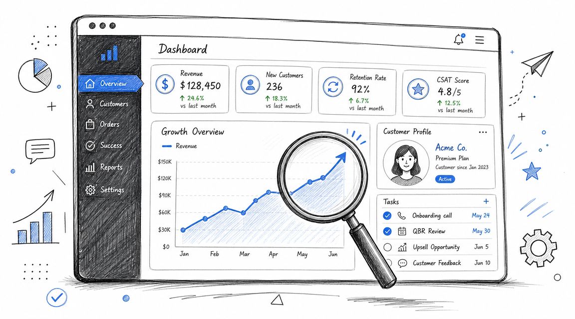 A hand-drawn sketch of a SaaS dashboard displaying growth metrics, revenue charts, and customer profile details.
