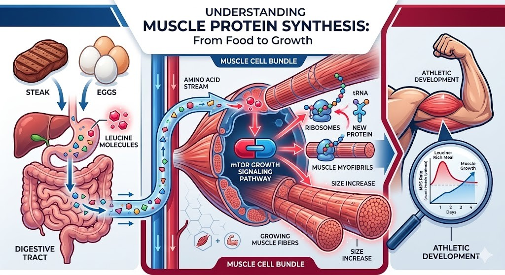 A detailed medical infographic illustrating Muscle Protein Synthesis (MPS), showing how dietary protein sources like steak and eggs break down into leucine molecules which then activate the mTOR growth signaling pathway, leading to muscle hypertrophy and athletic development.