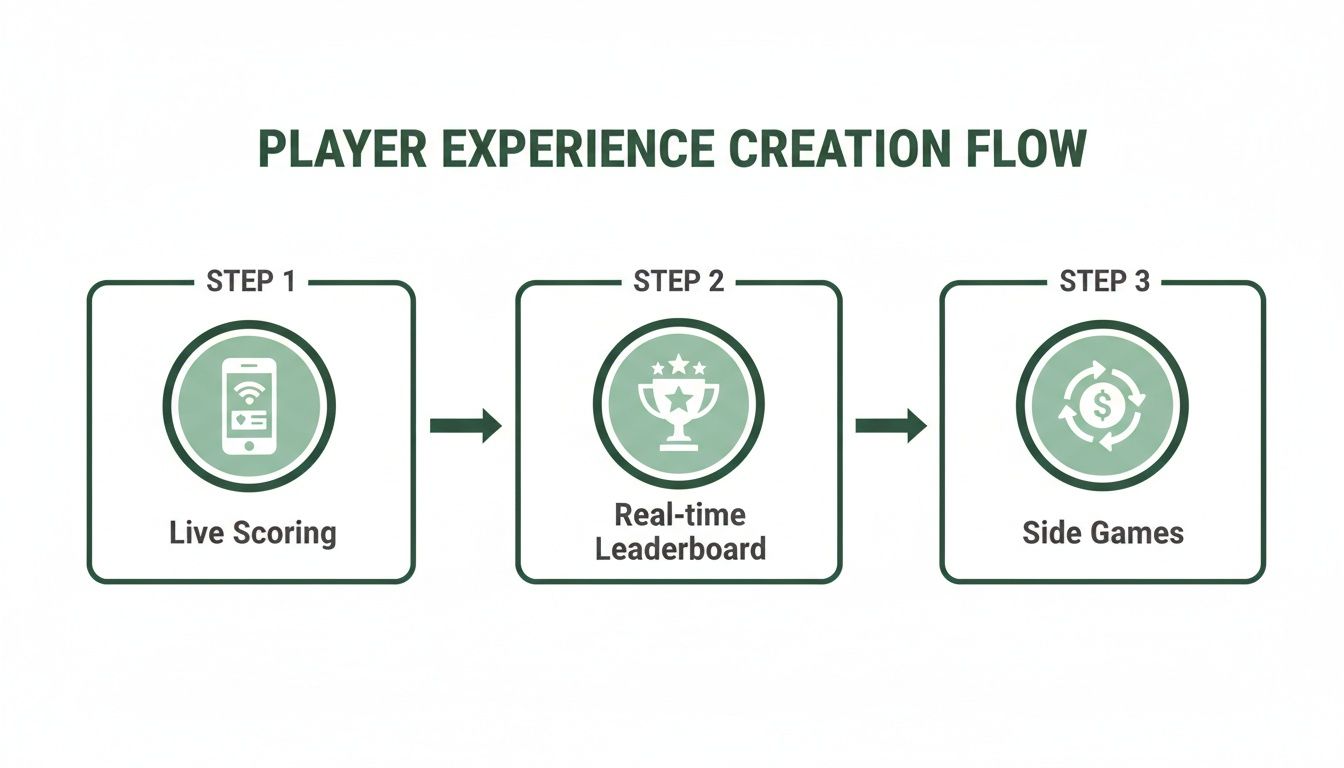 Flow diagram illustrating player experience creation with live scoring, real-time leaderboard, and side games.