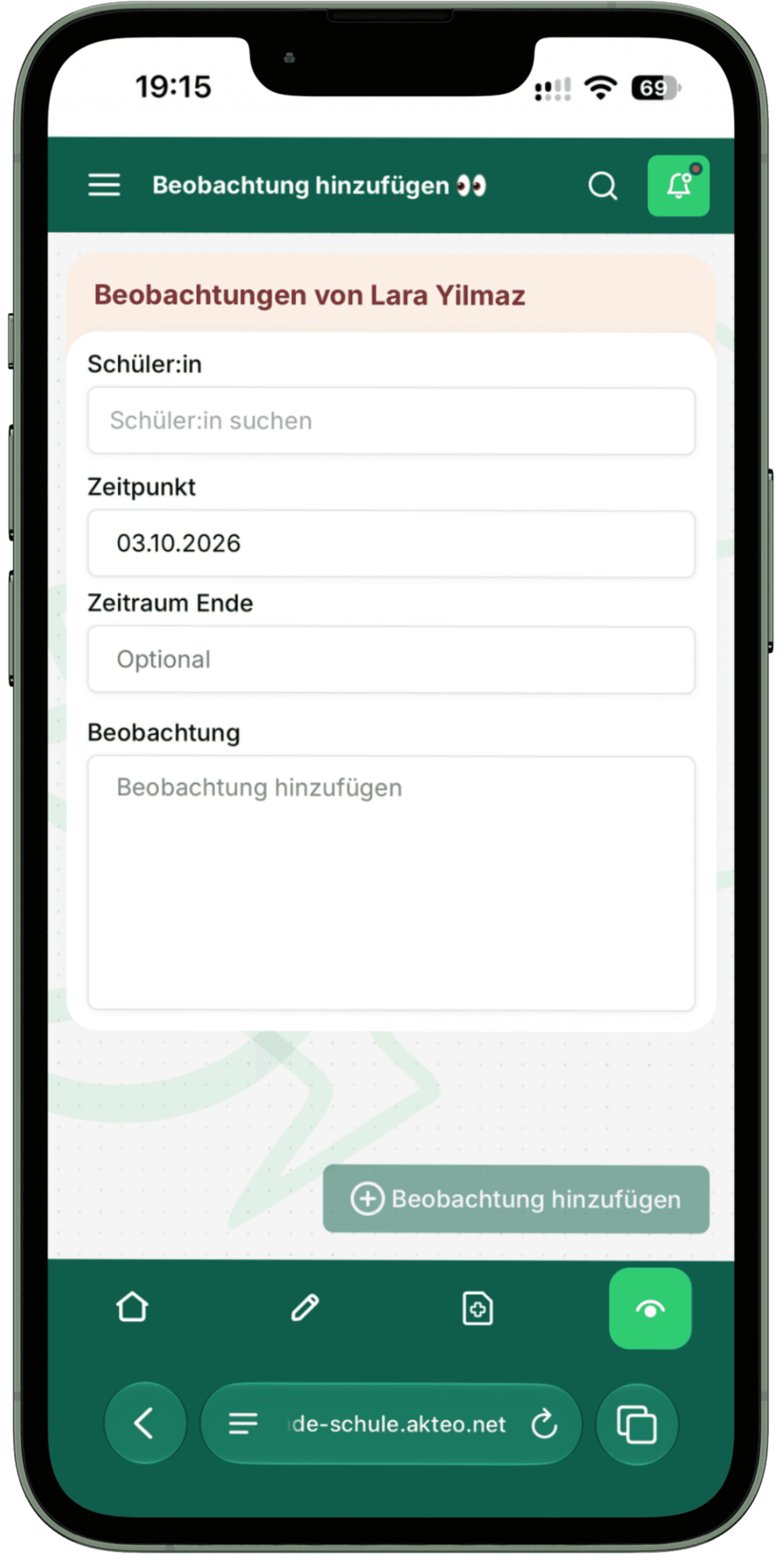 akteo auf dem Smartphone: leeres Formular zum Erfassen einer Beobachtung