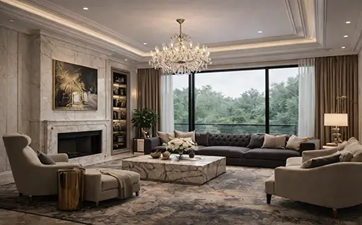 Πολυτελές καθιστικό μετά την ανακαίνιση με μαρμάρινο τζάκι, κρυστάλλινο πολυέλαιο, κομψά έπιπλα και πανοραμική θέα σε πράσινο τοπίο.