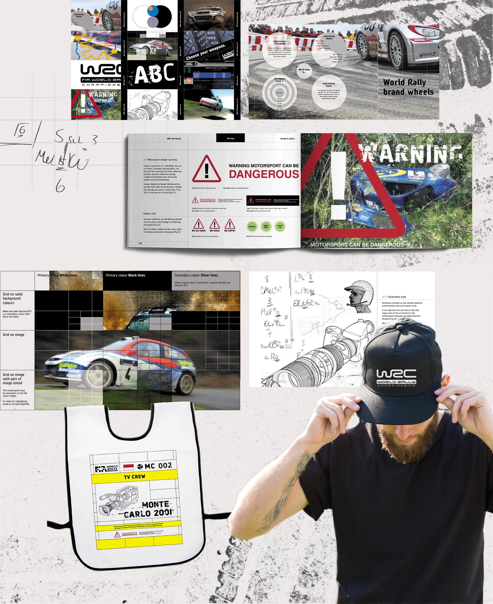 A collage showing a range of WRC creative, from a brochure to merchanise and clothing