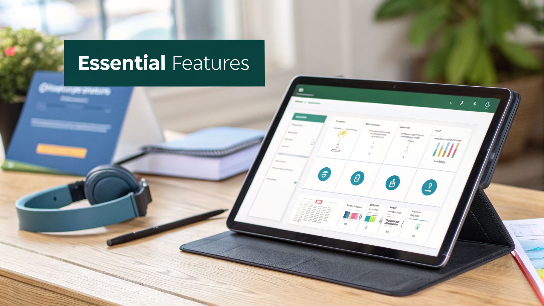 Tablet displaying essential features and a digital dashboard on a wooden desk with headphones.