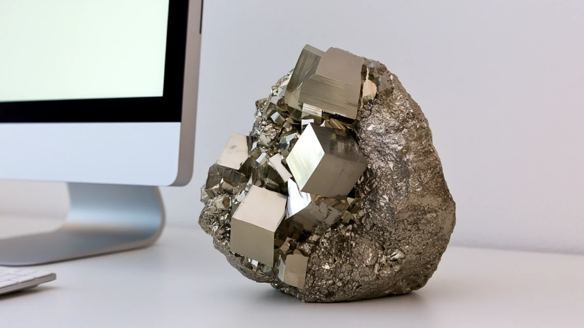 Pyrite cluster on a desk beside a computer monitor.