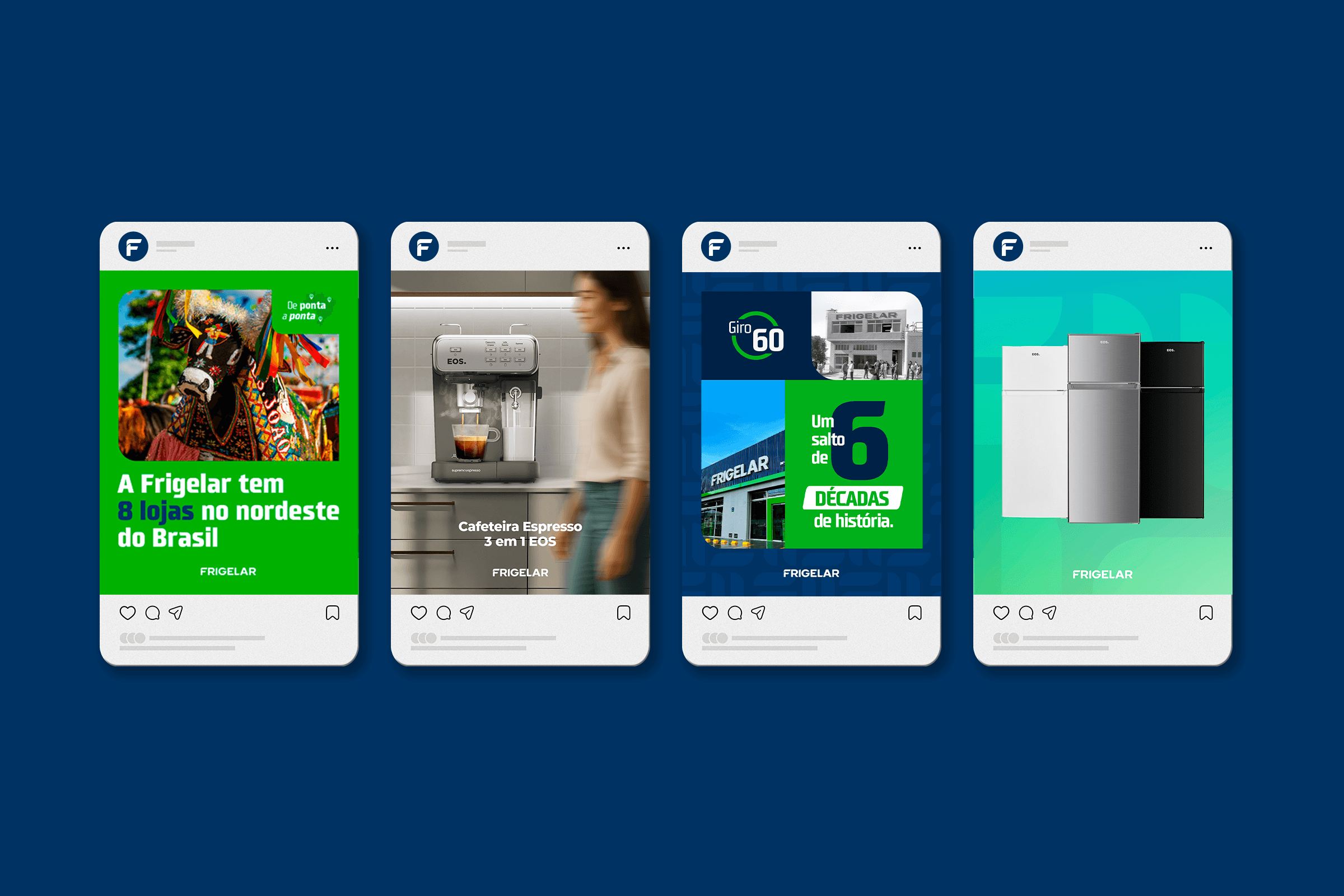 Primeiro grupo de conteúdos pré-campanha, abordando a presença nacional da marca e seu aniversário.