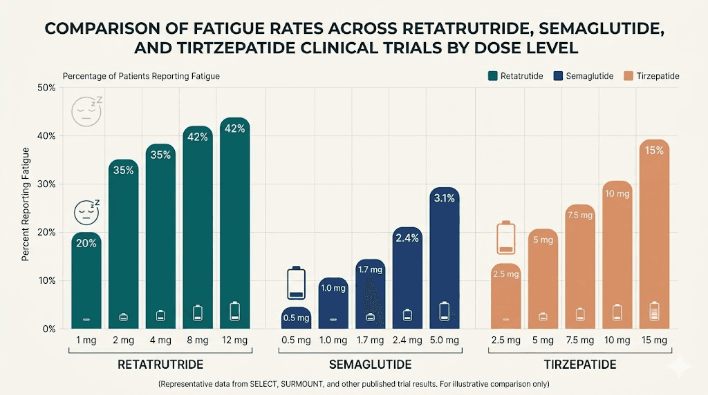 Retatrutide versus semaglutide versus tirzepatide fatigue rates comparison chart
