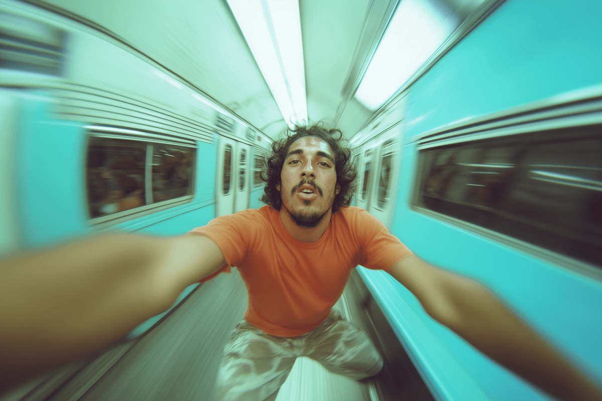 Man filming himself with wide-angle camera on subway train.