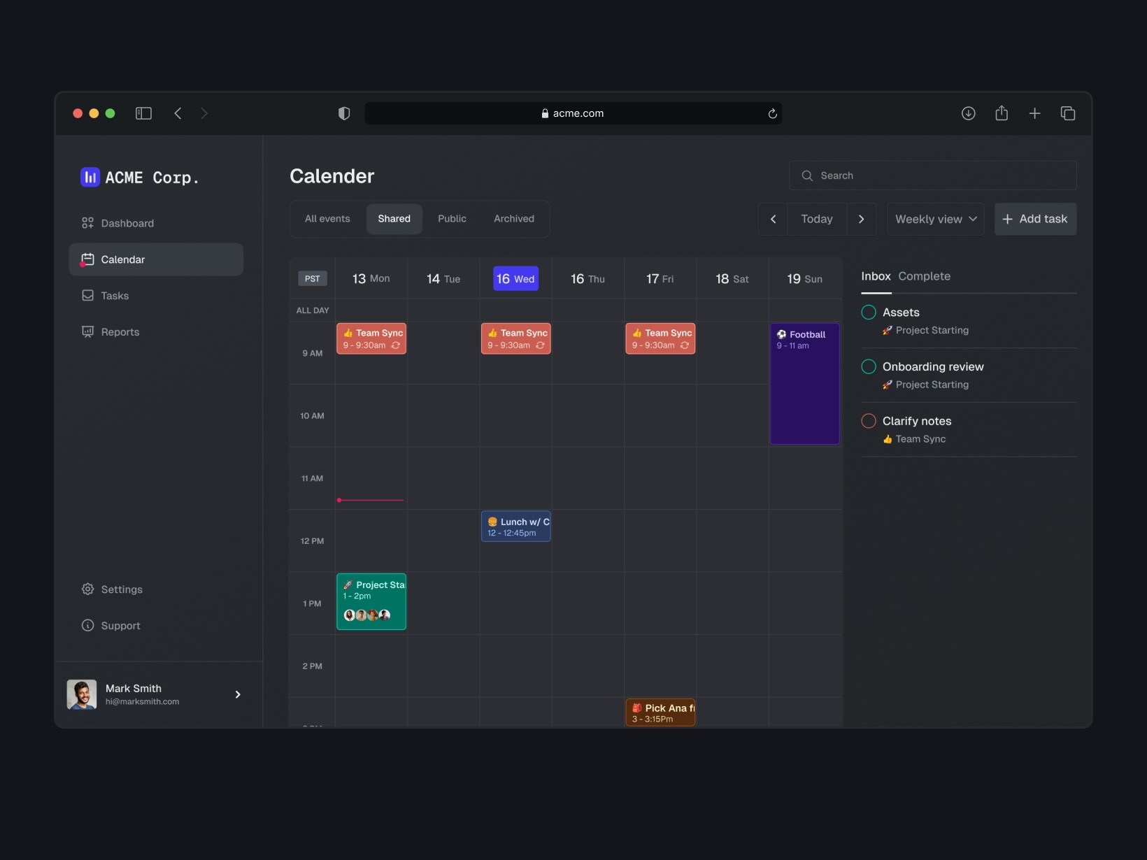 Productivity tool dashboard – project management app dark interface