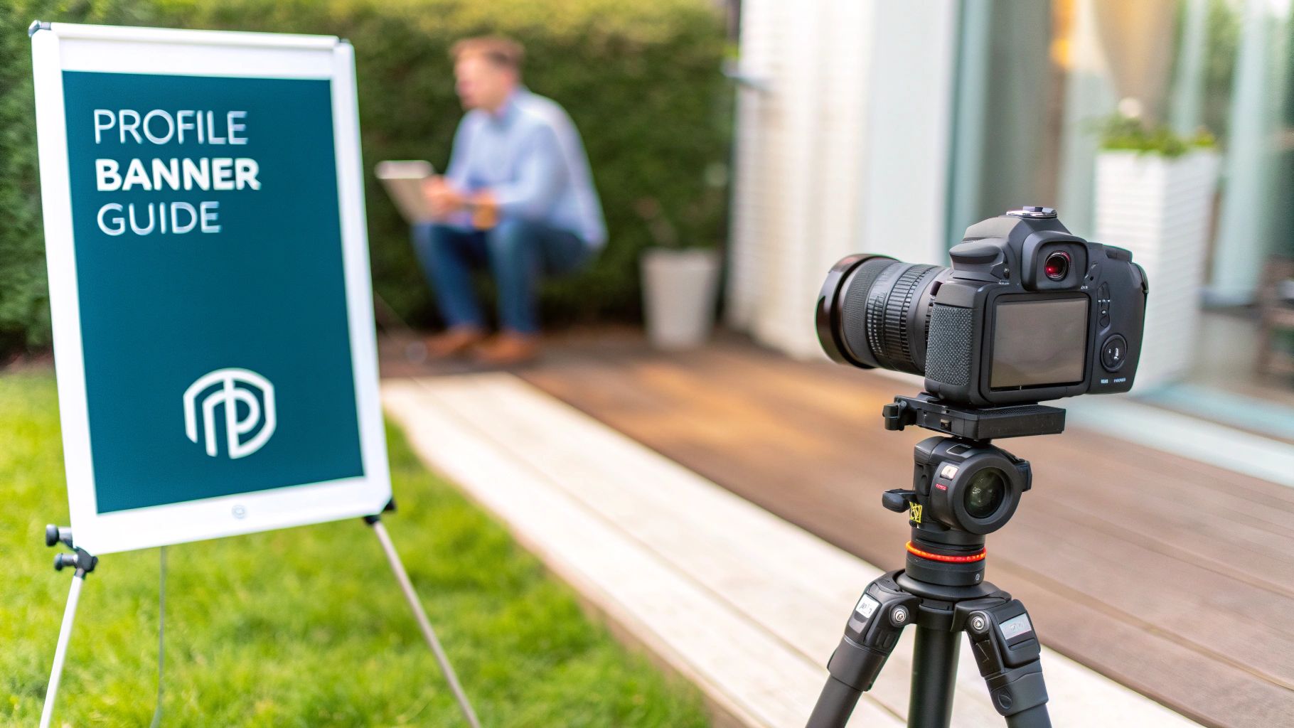 A camera on a tripod films a sign that says 'PROFILE BANNER GUIDE', with a person on a laptop blurred in the background.
