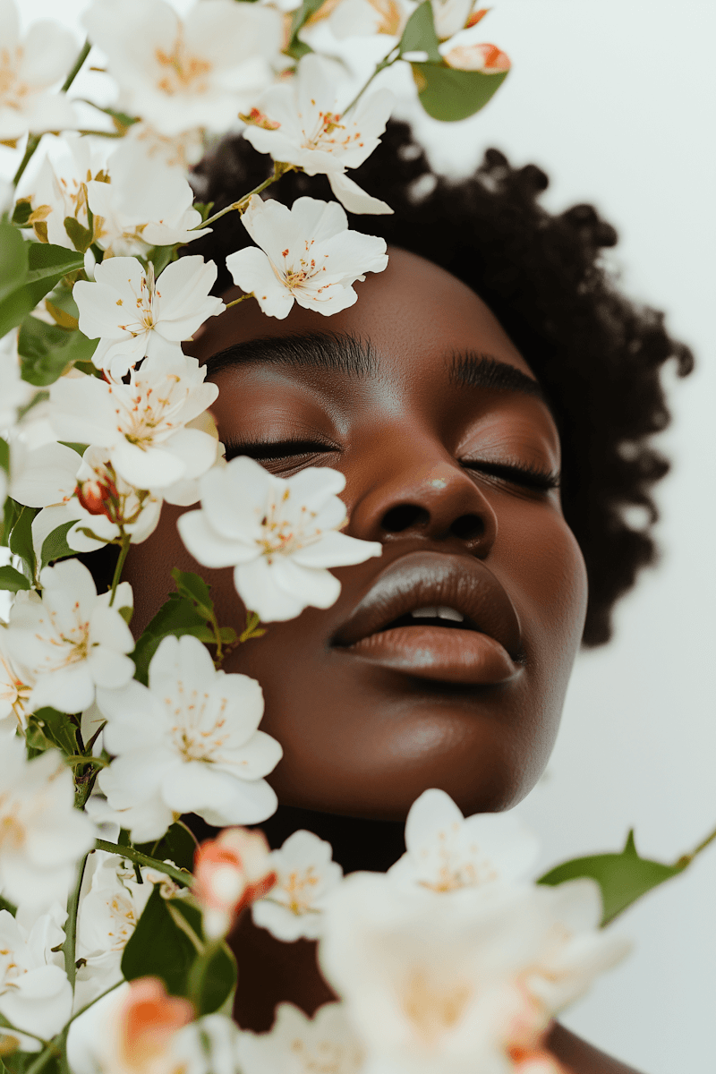 Close-up of a Black woman with flowers. She has her eyes closed, embraced by white blossoms and green leaves.