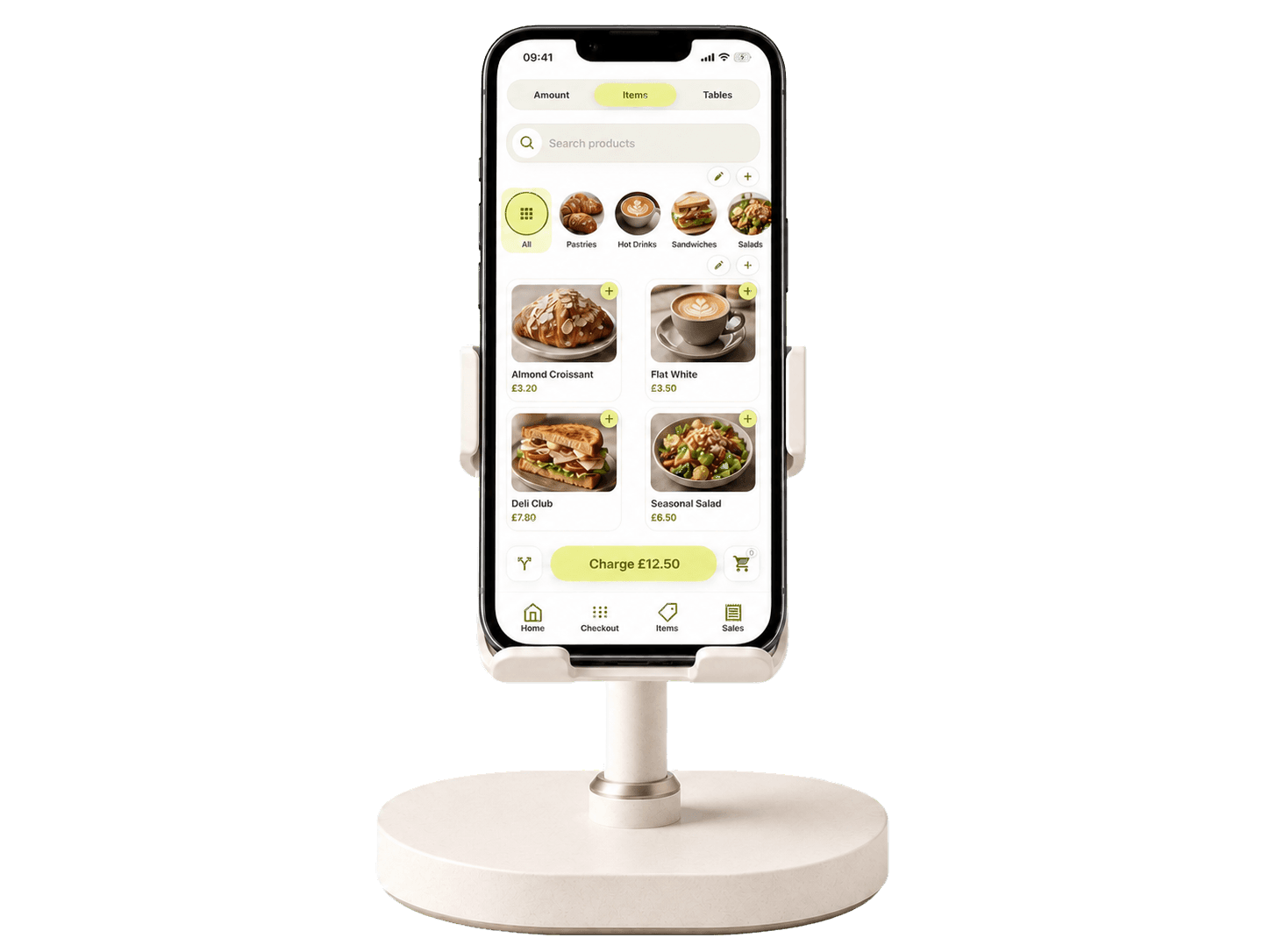 MobilePayments item library running on an iPhone POS stand