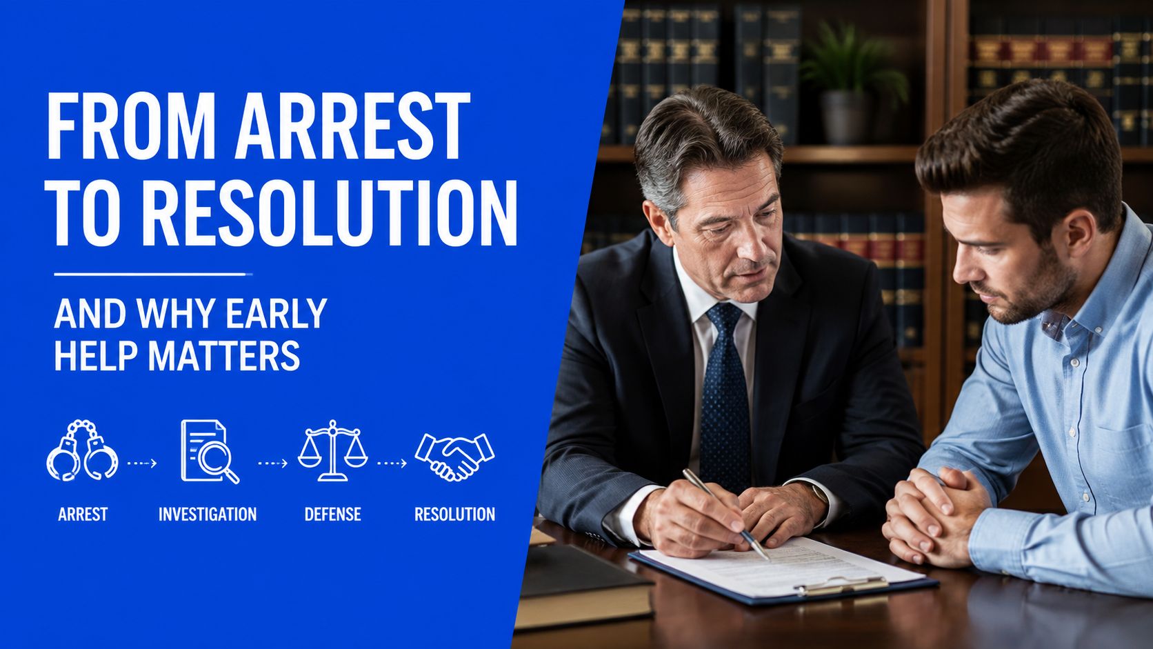 A professional lawyer consults with a client in an office while reviewing legal documents.