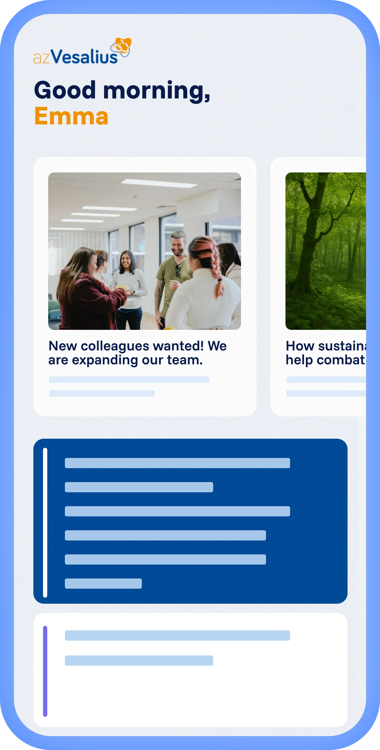 Spencer platform with local experience and custom Mobix branding, personalized feed with articles and a clear layout