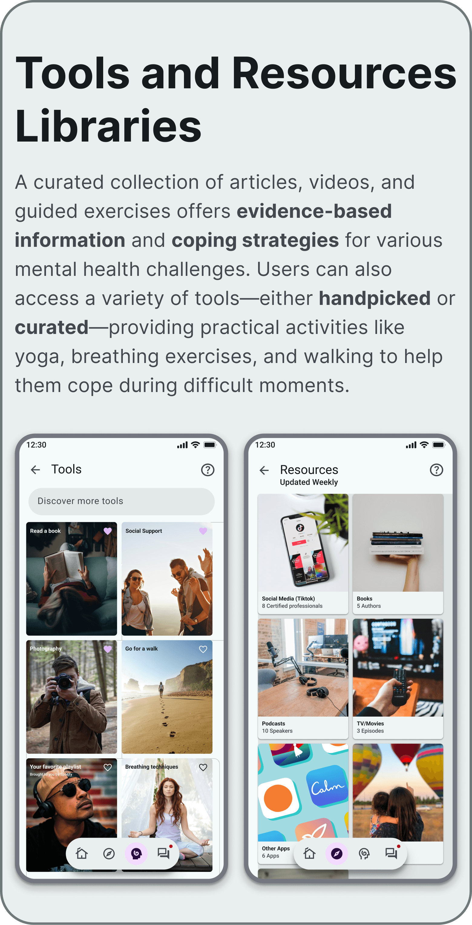 UX mockup of the 'Clear Mind' community feature, 'Connect.' Three mobile screens show a specific forum thread about seasonal sadness, the main community forum dashboard, and a 'Connect' live room interface where users can join public or private audio and video discussions.