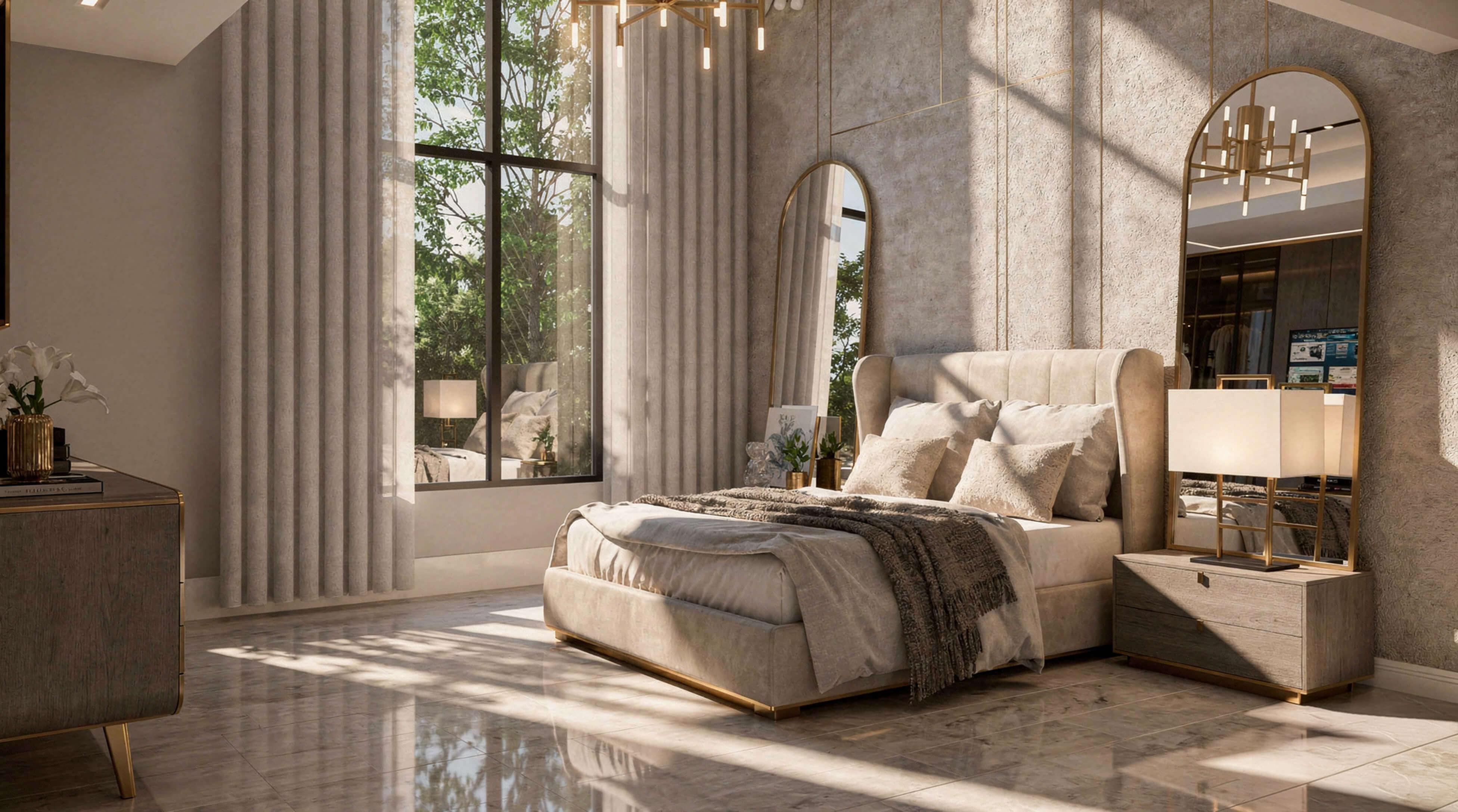 Neutral bedroom with tall drapery, upholstered bed, textured walls, and soft natural light.