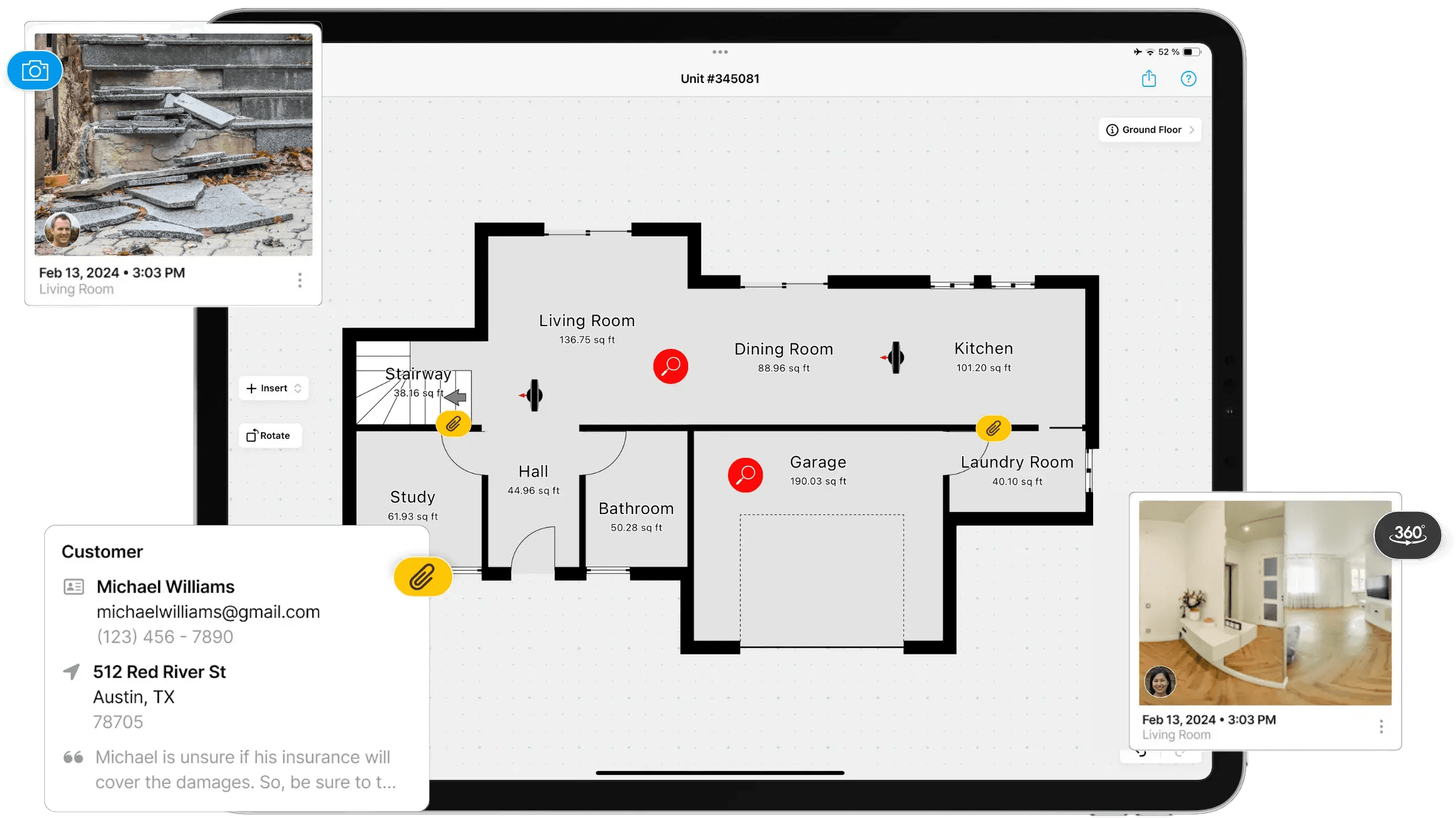 magic plan interactive floor plan showing damage markers, inspection photos, and customer details for claims reporting