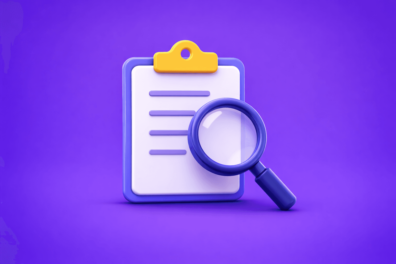 Customer screening fintech illustration with magnifying glass icon on blue to purple gradient background, representing AML compliance, real-time risk assessment, and identity verification for financial institutions.