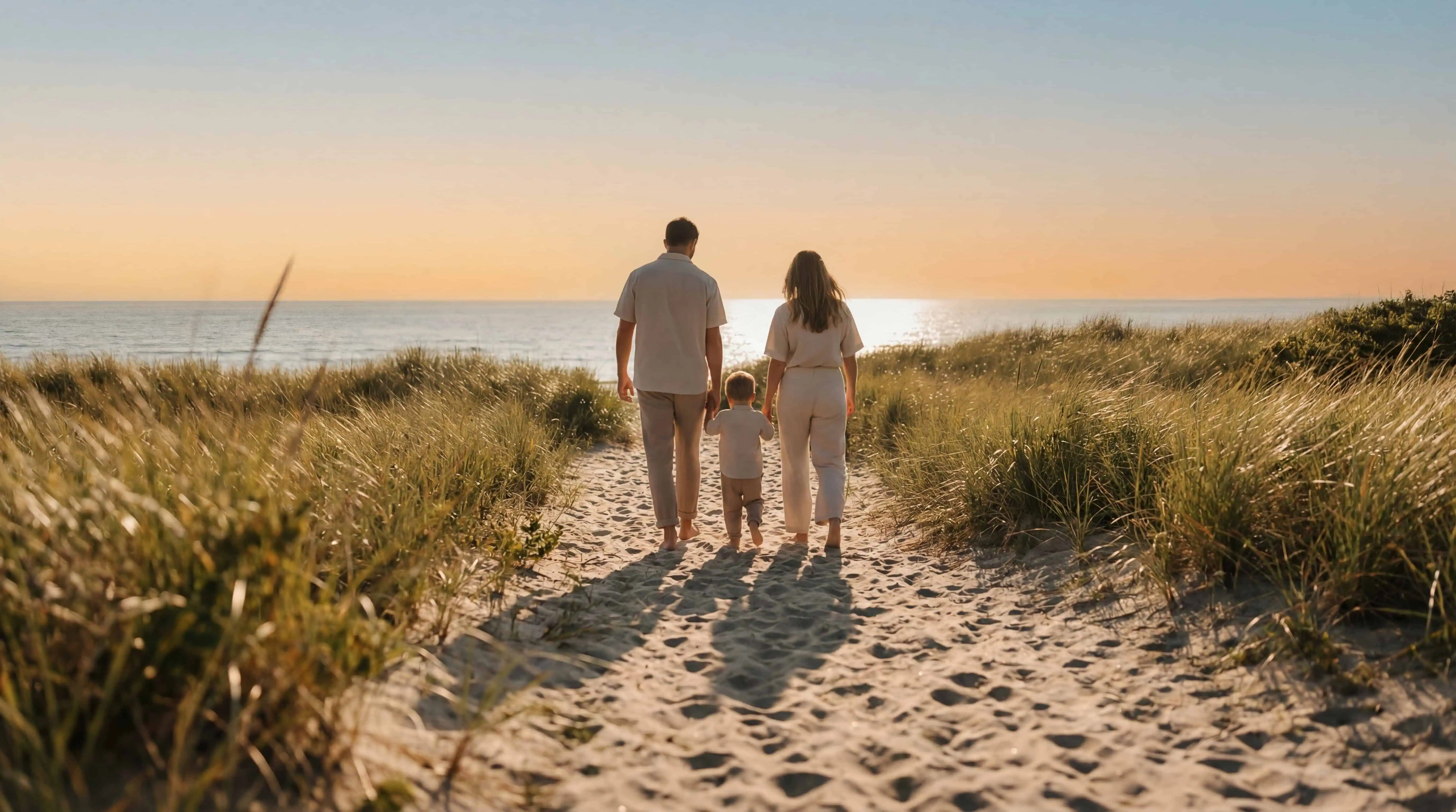 Family walking along a quiet sand dune path toward the ocean at golden hour, warm sunset light, calm coastal beach scene for a premium short-term rental.
