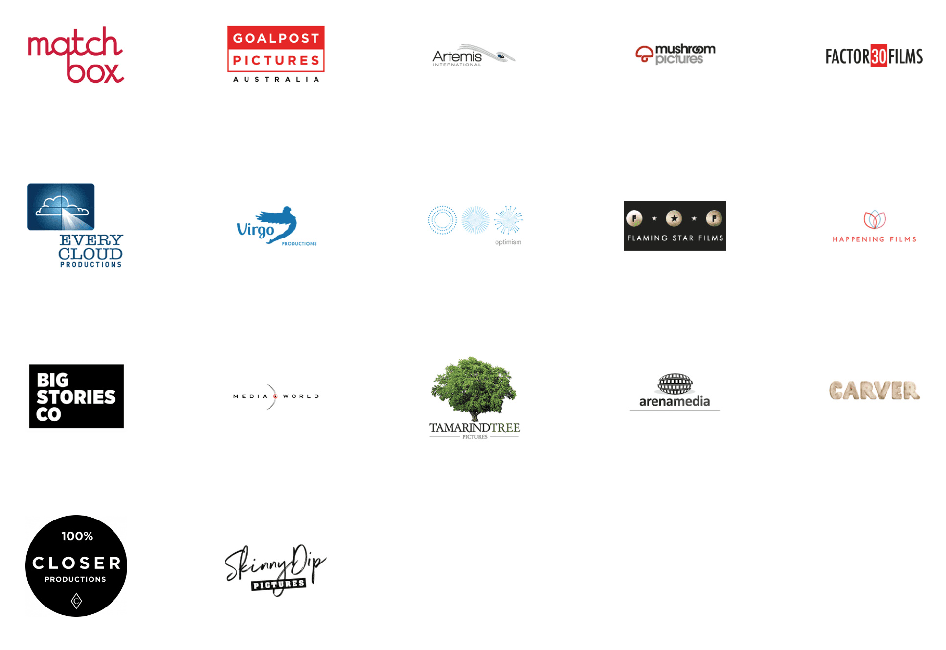 Grid of 17 creative industry logos