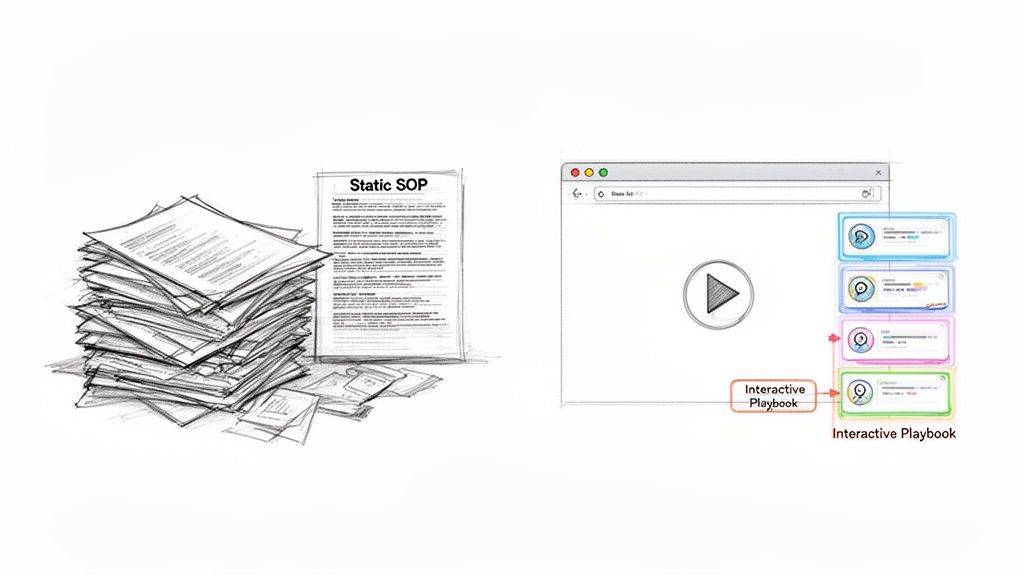 Visual comparing static paper SOPs (Standard Operating Procedures) with a dynamic, interactive digital playbook.