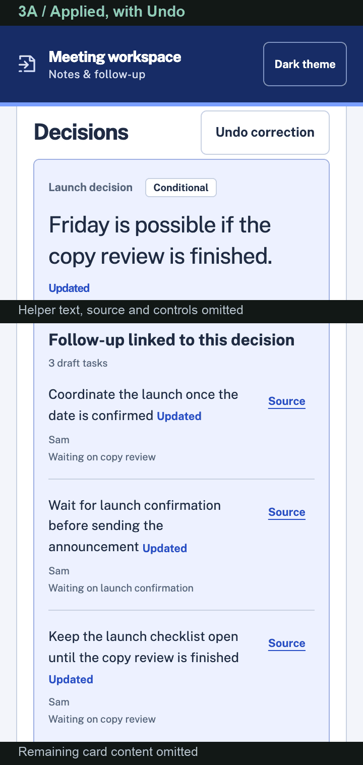 Figure 3A. After applying: all four Updated marks and Undo. Helper text, source and correction controls are omitted.