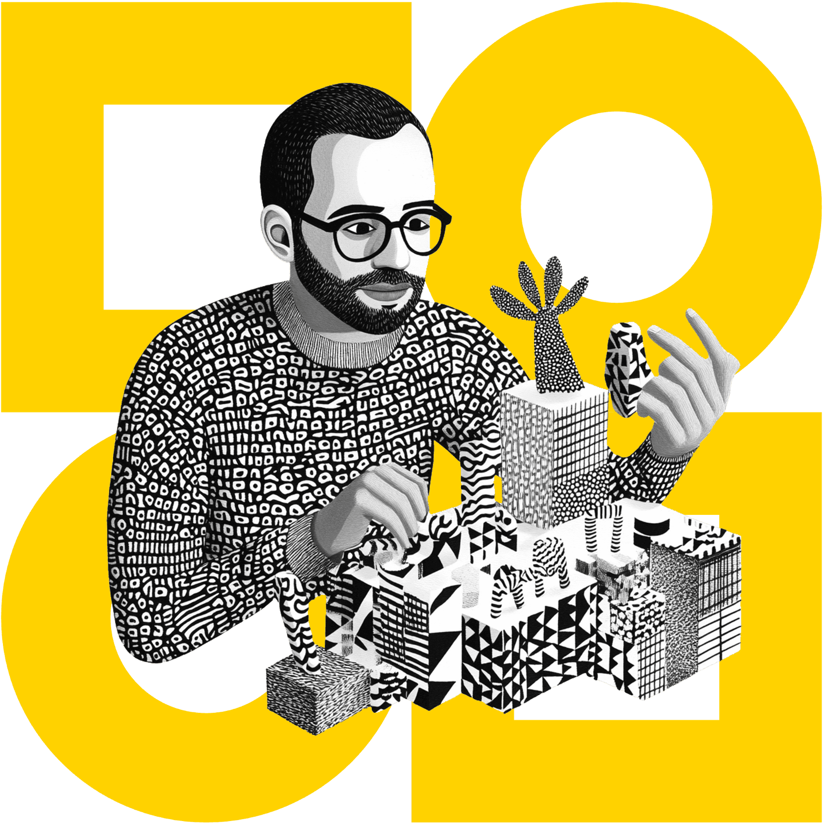 Illustration d'un homme avec des lunettes, manipulant des formes géométriques complexes en noir et blanc, fond jaune.