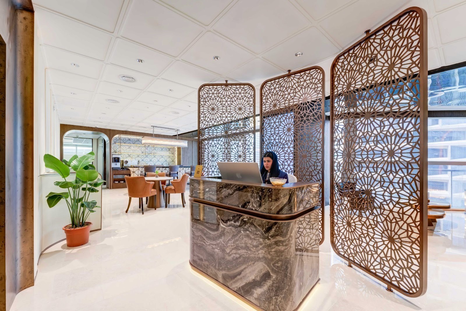 Reception area at TEC in KAFD Riyadh, providing national address services to improve professional reputation for a company name. 