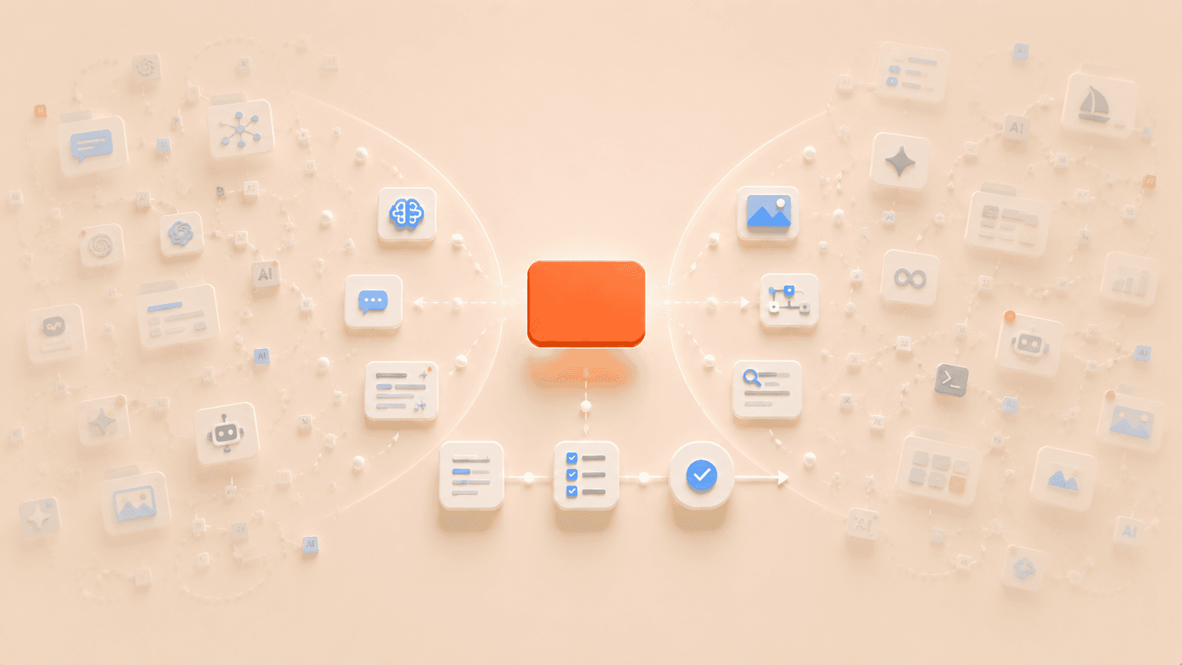 Minimalistische 3D-Illustration mit einer schwebenden korallfarbenen Fokuskarte über einem klaren Workflow-Pfad in der Bildmitte. An den äußeren Rändern verblassen transparente KI-Tool-Panels, Chatblasen, Prompt-Karten, Automationsknoten, Bild- und Recherche-Elemente sowie doppelte Output-Karten im warmen cremebeigen Hintergrund, während wenige ausgewählte KI-Elemente geordnet zur zentralen Aufgabe geführt werden und AI Overload durch Tool-Hopping und Entscheidungsstress symbolisieren.