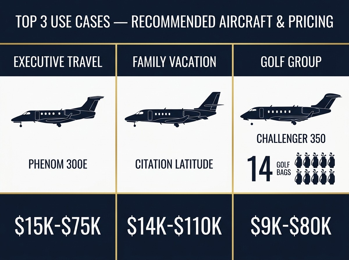 Private jet booking catalog business family golf — recommended aircraft and charter pricing