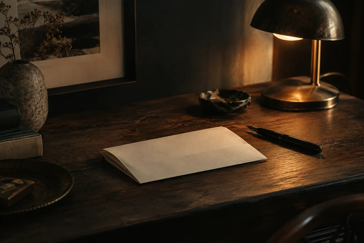 A folded cream letter beside a black fountain pen and small warm desk lamp on dark wood, no readable writing