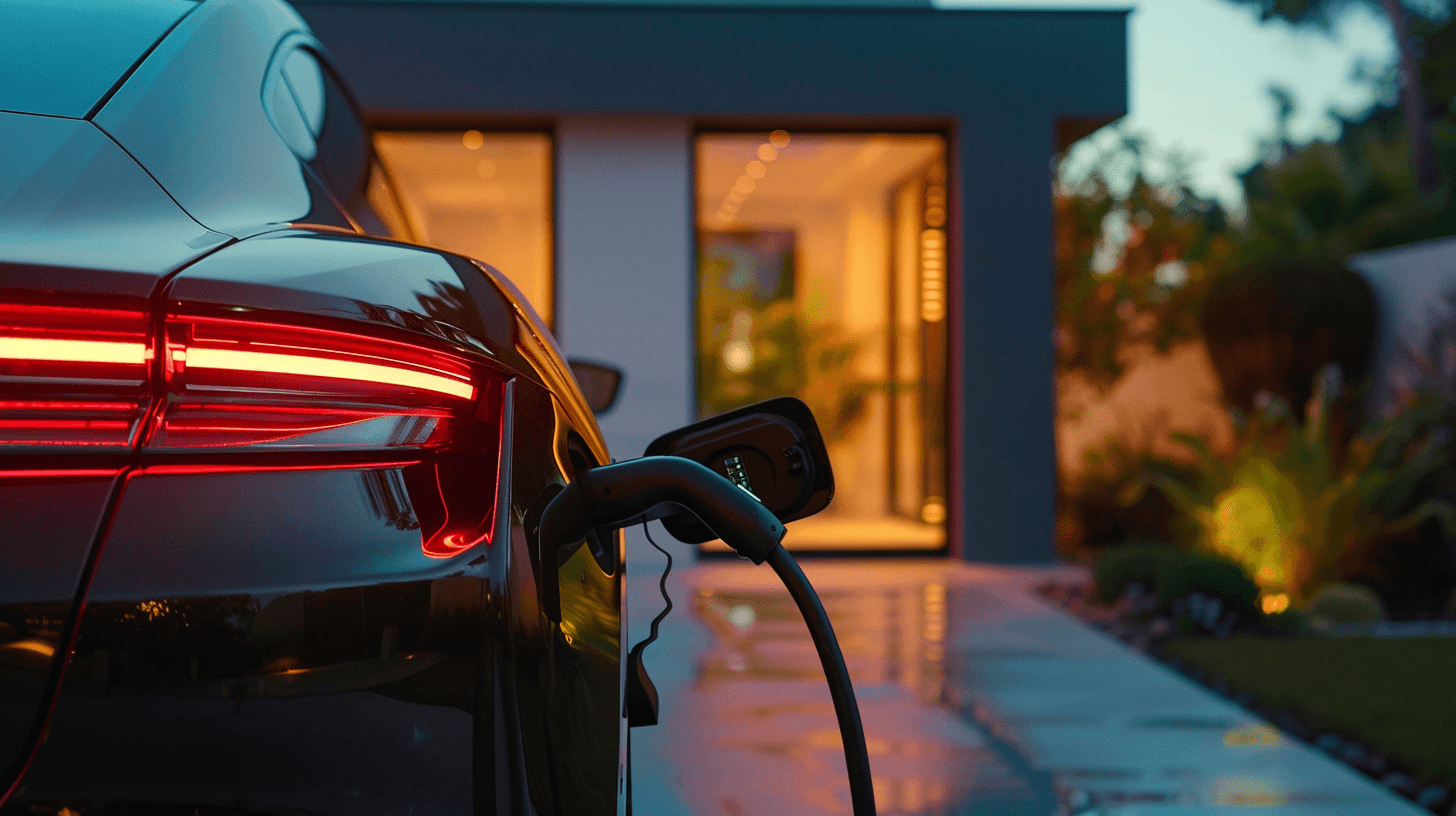 Electric vehicle charging at a home charging station in the evening, representing the convenience of home-based charging solutions and the integration of sustainable living practices in Switzerland