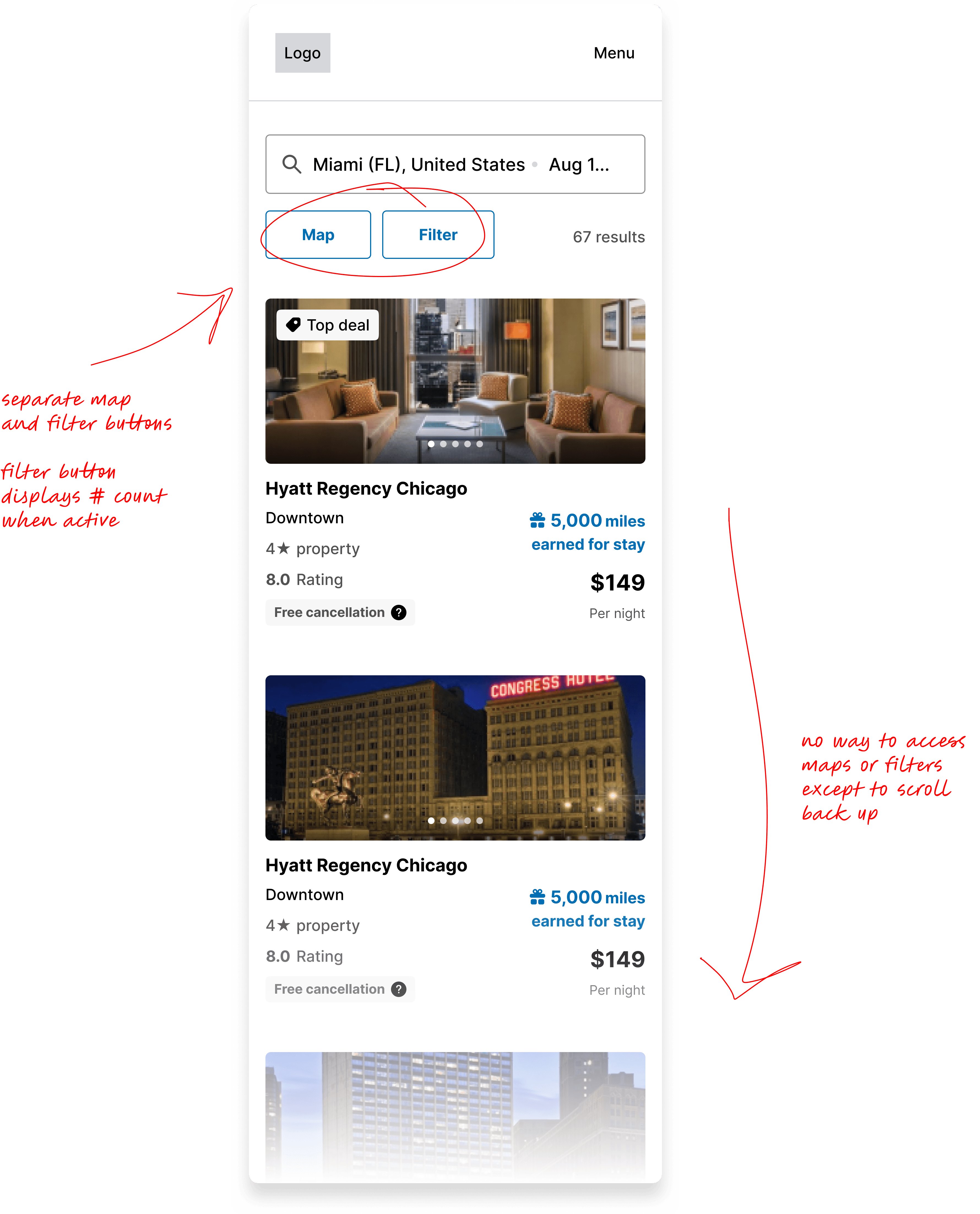 A screenshot of the previous sort/map/filter mobile experience with annotations.