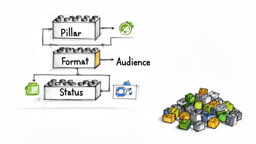 Hand-drawn diagram of content structure using LEGO blocks: Pillar, Format, Status, and Audience.