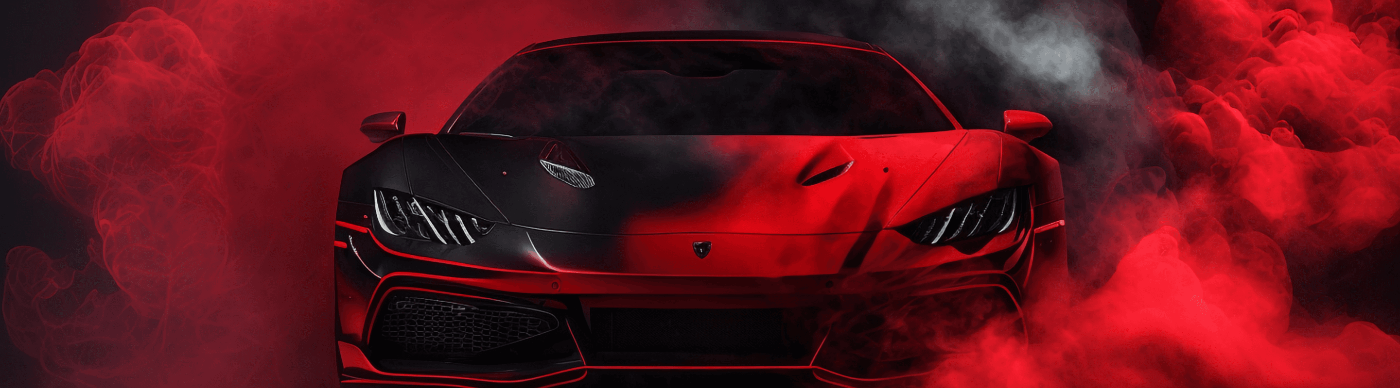 Front view of a powerful, aggressive-looking black sports car with red accents, partially shrouded in dramatic red and white smoke/mist against a red background.