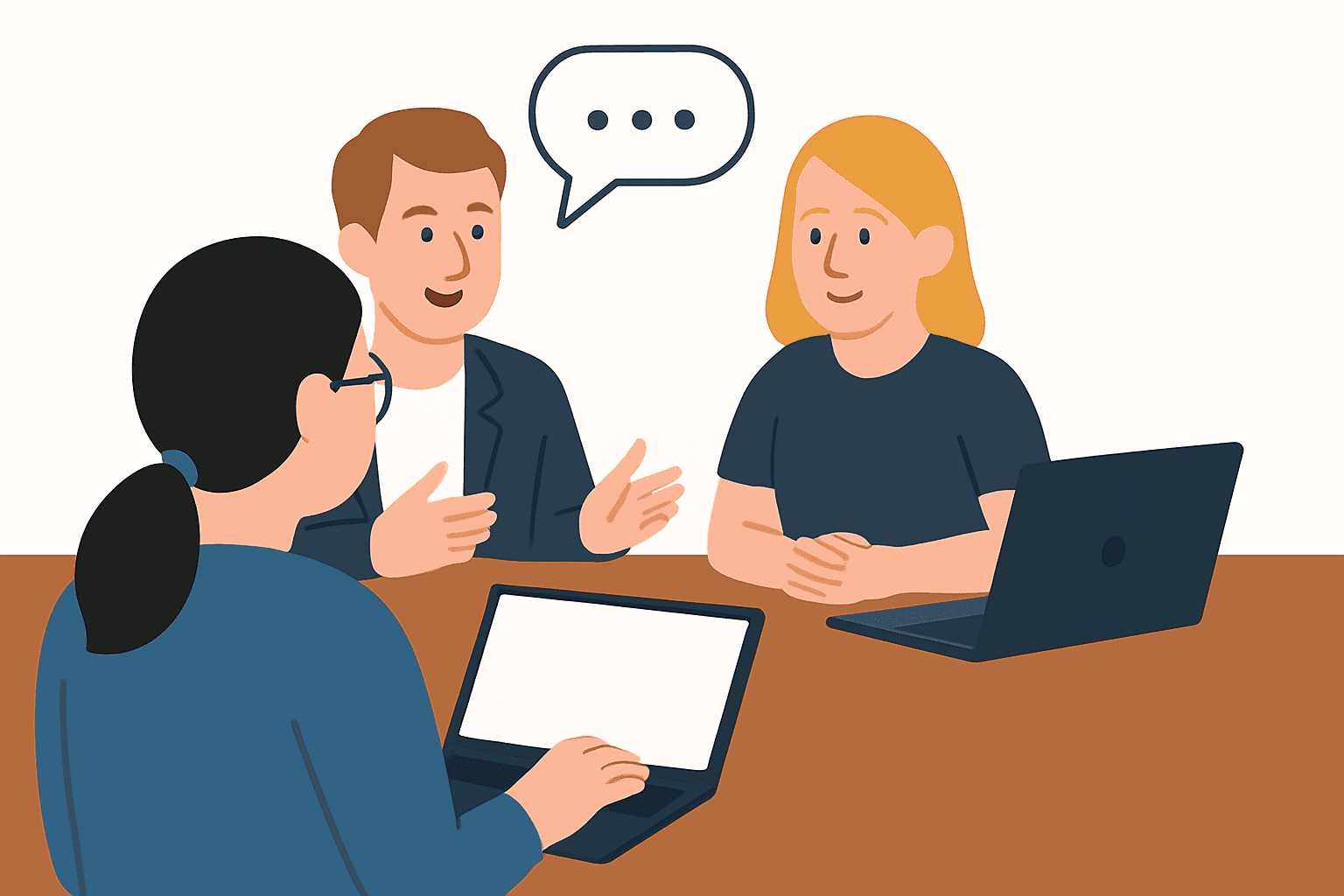 Illustration of three colleagues collaborating in a meeting