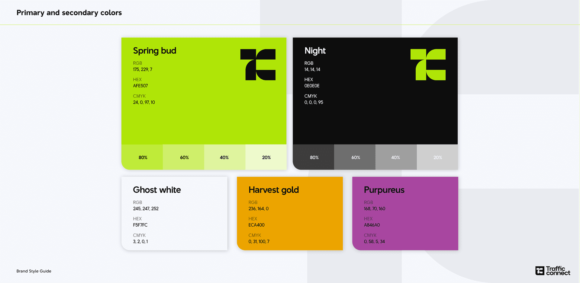 Traffic Connect brand colour palette with lime green, black, white, yellow and purple swatches.
