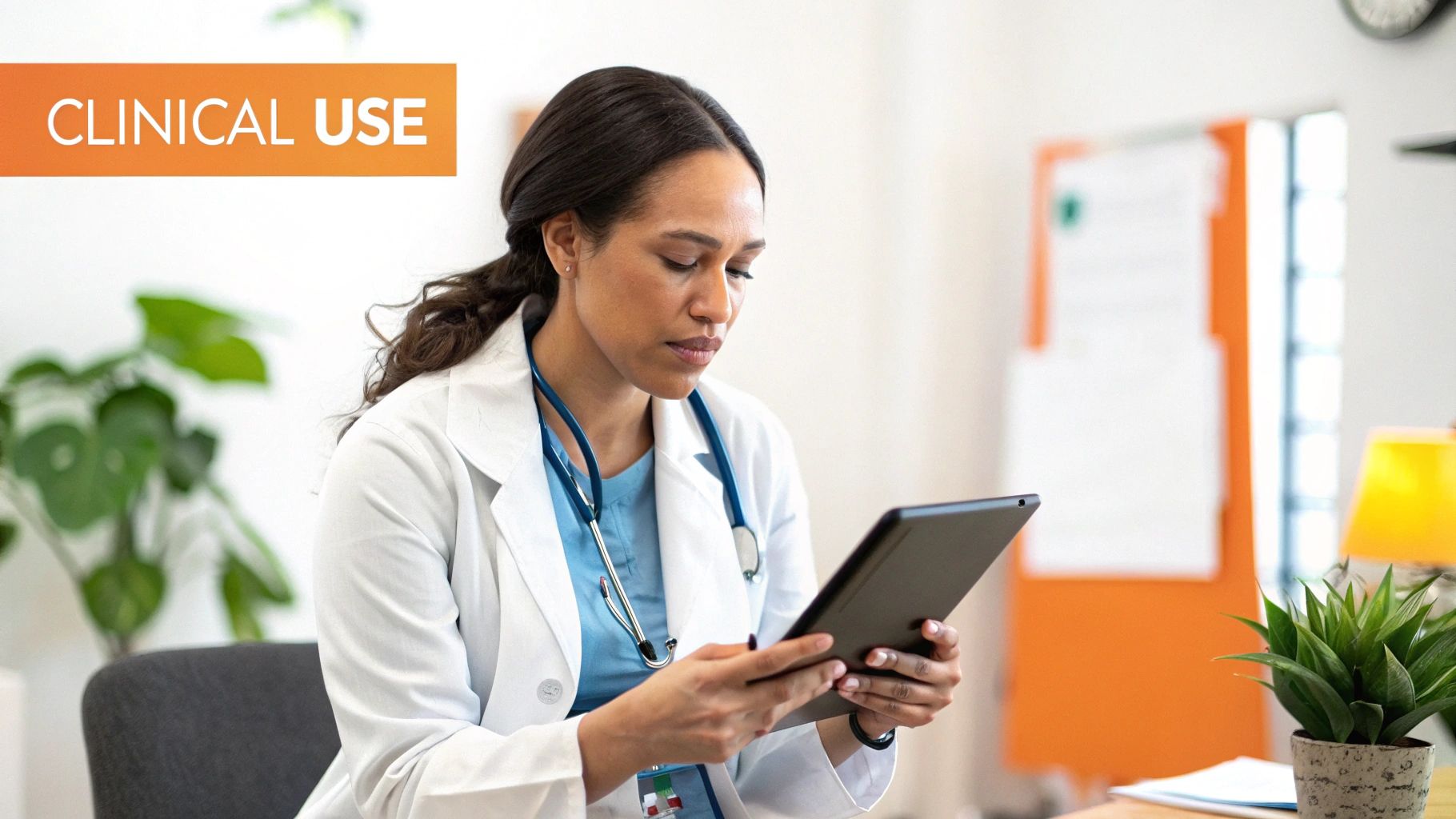 A focused female doctor in a white lab coat and stethoscope examines a digital tablet for clinical use.