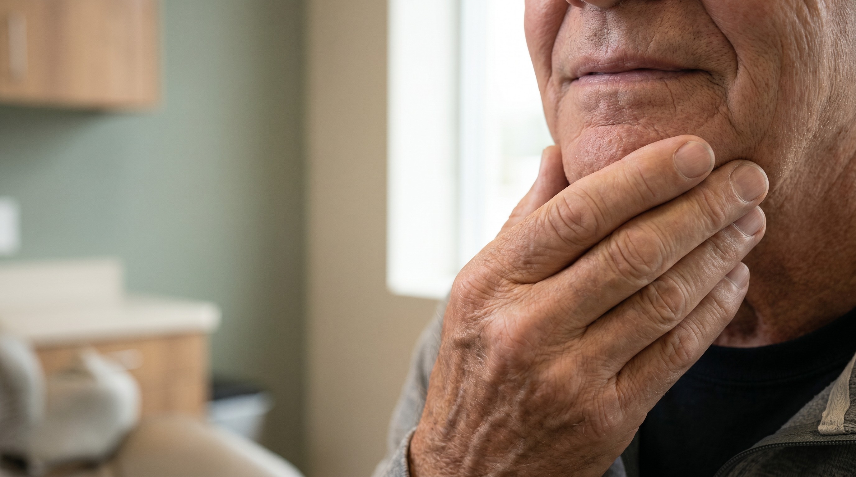 Older adult lightly touching lower lip and chin in a softly lit dental office