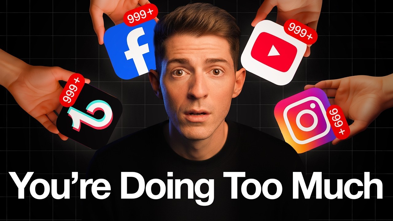 KallawayMarketing-style content audit thumbnail with overwhelmed creator and social icons with 999 plus badges