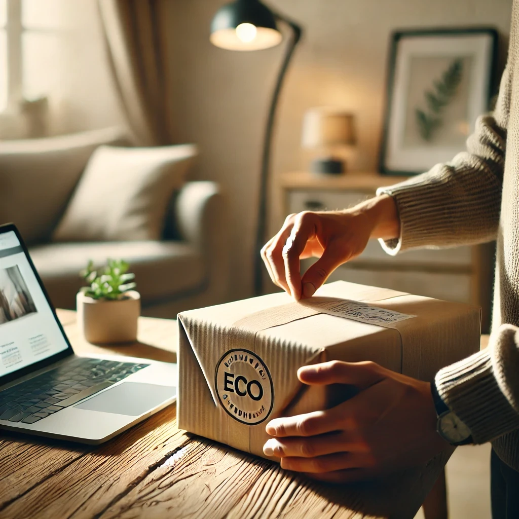 Close-up of a customer unwrapping a stylishly packaged parcel, conveying excitement and satisfaction with their eCommerce purchase.