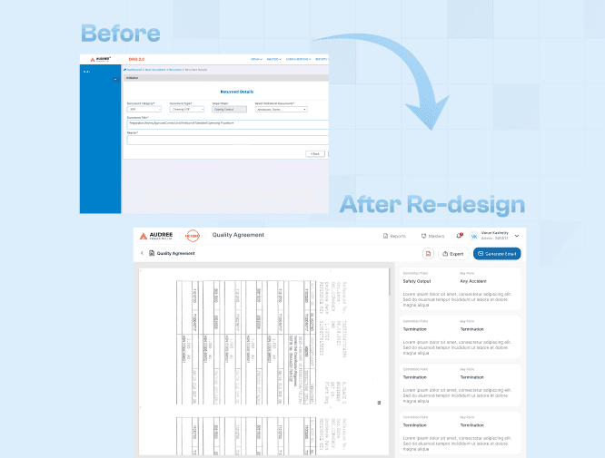 Qulaity Agreement software before and adter redesign screens
