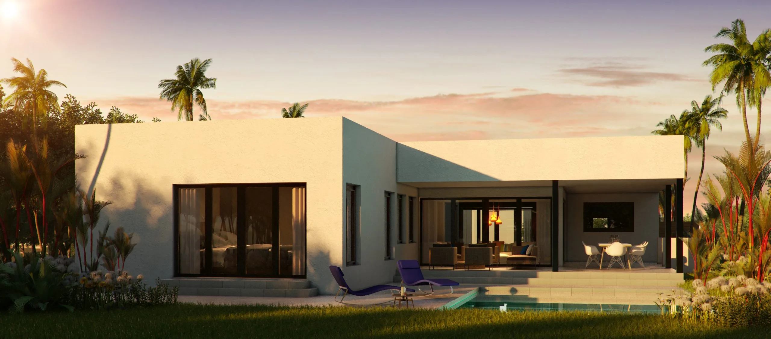 3D rendering of modern single-story home with pool and covered outdoor living in Miami by Atelier International LLC