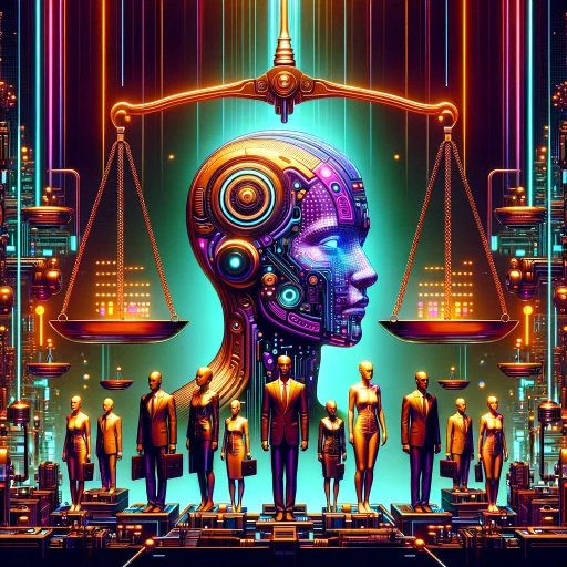 A cyberpunk-themed image depicting a futuristic cityscape where advanced technology, represented by neon circuitry and digital interfaces, intersects with the legal system, symbolized by glowing scales of justice. Diverse silhouettes of people stand in the foreground, showcasing the workforce and job applicants affected by New York's AI Bias Law. The image uses a minimal color palette of neon blue, dark purple, and black, emphasizing the dystopian atmosphere where technology deeply influences employment practices and legal fairness.