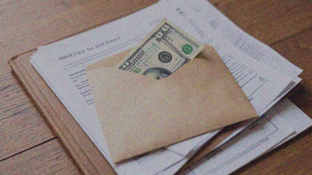 Foto de un sobre con dinero sobre una mesa con documentos en la columna de opinión Las instituciones no funcionan de IdeaPaís.