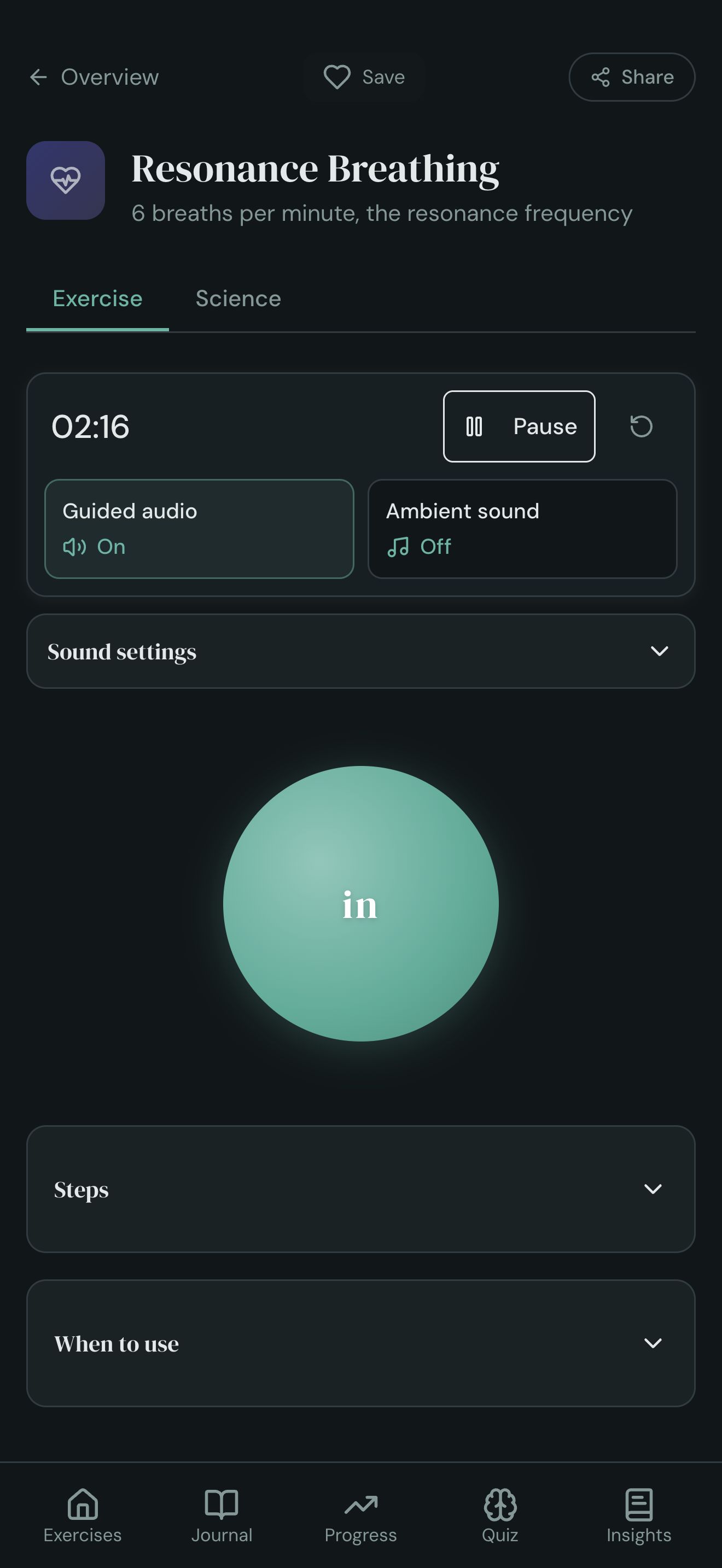 Resonance breathing in progress with spoken guidance